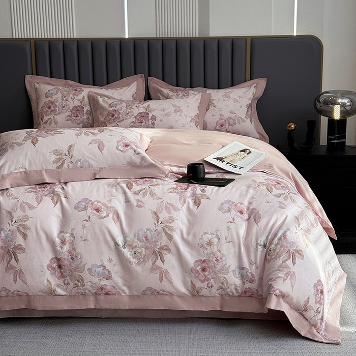 91家纺网 家纺一手货源 找家纺 乐蔻家纺 2025新款全棉拼边陶瓷生态磨毛四件套 柔黛 豆沙