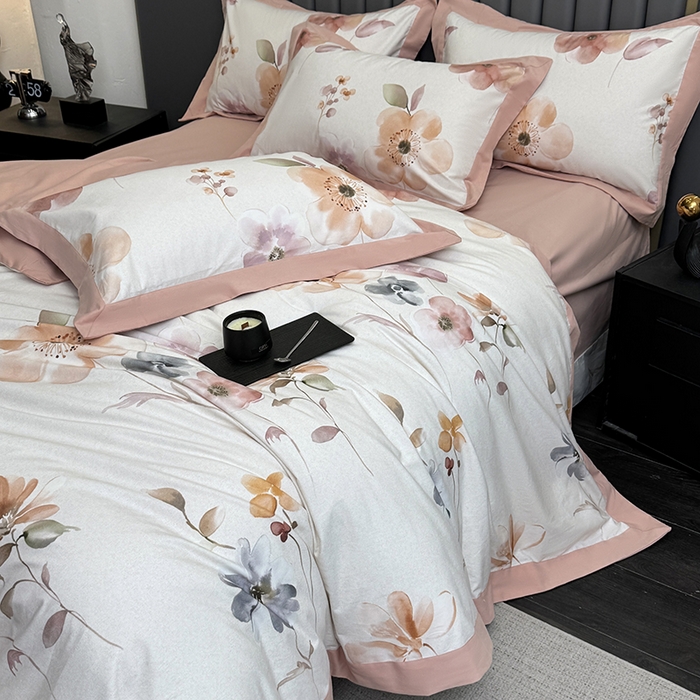 91家纺网 家纺一手货源 找家纺 乐蔻家纺 2025新款全棉拼边陶瓷生态磨毛四件套 花蔓