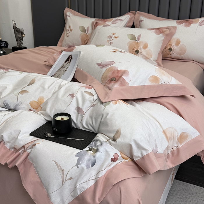 91家纺网 家纺一手货源 找家纺 乐蔻家纺 2025新款全棉拼边陶瓷生态磨毛四件套 花蔓