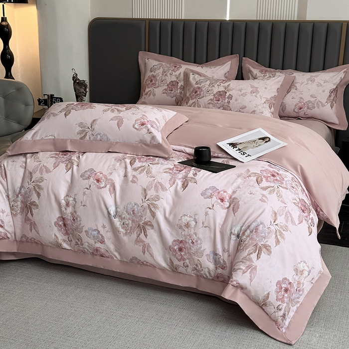 91家纺网 家纺一手货源 找家纺 乐蔻家纺 2025新款全棉拼边陶瓷生态磨毛四件套 柔黛 豆沙