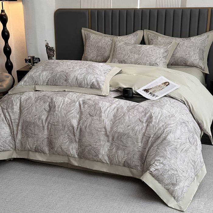 91家纺网 家纺一手货源 找家纺 乐蔻家纺 2025新款全棉拼边陶瓷生态磨毛四件套 倾语 灰