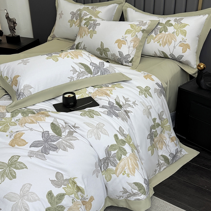 91家纺网 家纺一手货源 找家纺 乐蔻家纺 2025新款全棉拼边陶瓷生态磨毛四件套 叶迹  绿