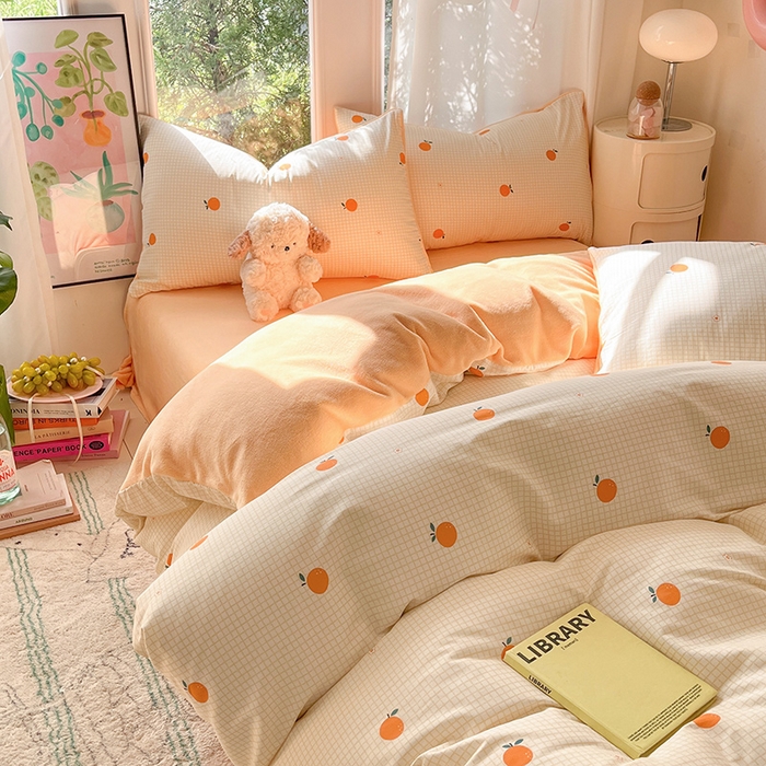 91家纺网 家纺一手货源 找家纺 瑞莱 2025新款秋冬网红款棉加绒四件套 橘子黄了