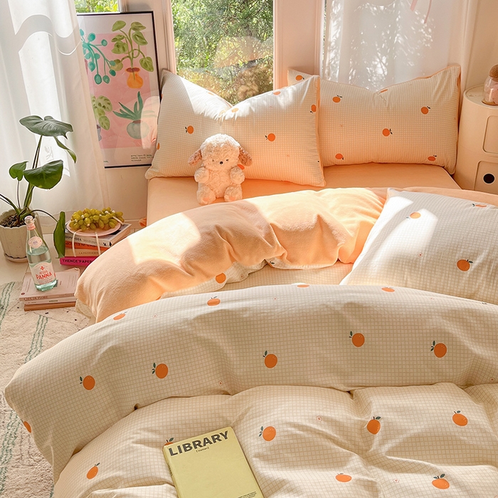 91家纺网 家纺一手货源 找家纺 瑞莱 2025新款秋冬网红款棉加绒四件套 橘子黄了