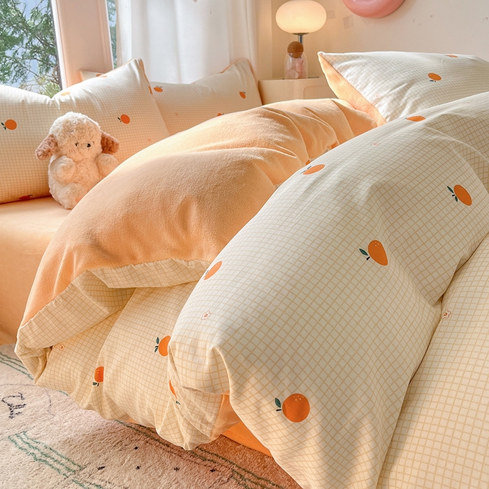 91家纺网 家纺一手货源 找家纺 瑞莱 2025新款秋冬网红款棉加绒四件套 橘子黄了