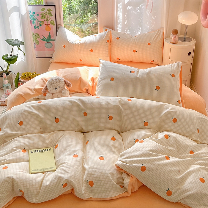 91家纺网 家纺一手货源 找家纺 瑞莱 2025新款秋冬网红款棉加绒四件套 橘子黄了