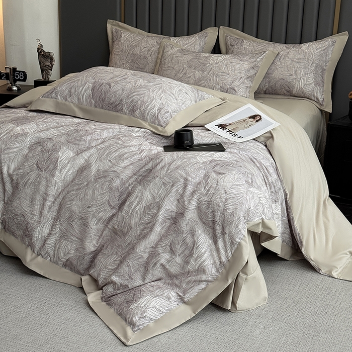 91家纺网 家纺一手货源 找家纺 乐蔻家纺 2025新款全棉拼边陶瓷生态磨毛四件套 倾语 灰