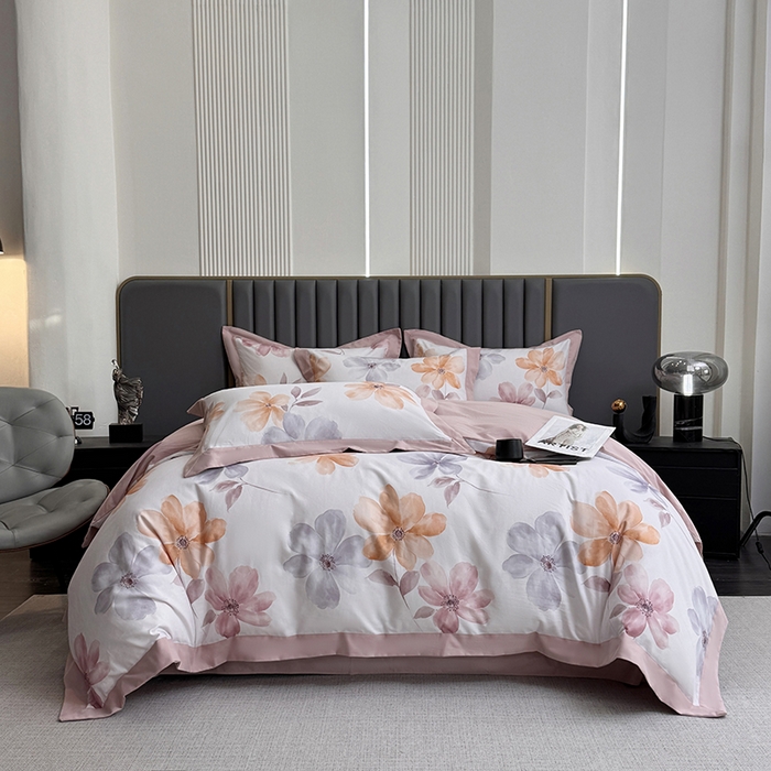 91家纺网 家纺一手货源 找家纺 乐蔻家纺 2025新款全棉拼边陶瓷生态磨毛四件套 花棠 米