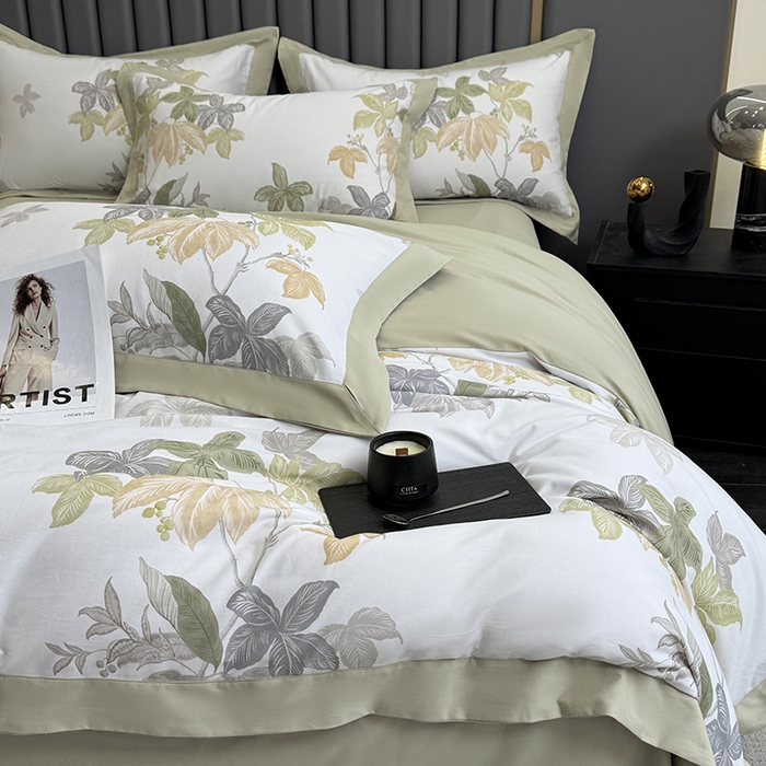 91家纺网 家纺一手货源 找家纺 乐蔻家纺 2025新款全棉拼边陶瓷生态磨毛四件套 叶迹  绿