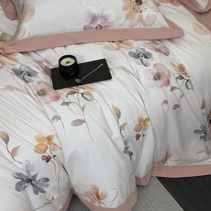 91家纺网 家纺一手货源 找家纺 乐蔻家纺 2025新款全棉拼边陶瓷生态磨毛四件套 花蔓