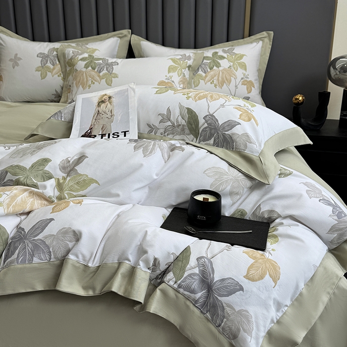 91家纺网 家纺一手货源 找家纺 乐蔻家纺 2025新款全棉拼边陶瓷生态磨毛四件套 叶迹  绿