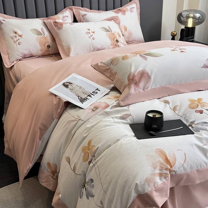 91家纺网 家纺一手货源 找家纺 乐蔻家纺 2025新款全棉拼边陶瓷生态磨毛四件套 花蔓