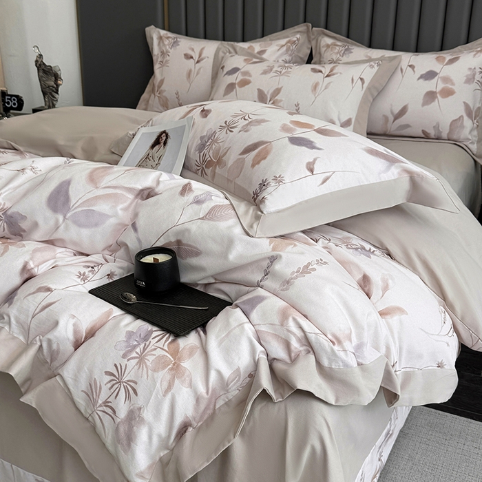 91家纺网 家纺一手货源 找家纺 乐蔻家纺 2025新款全棉拼边陶瓷生态磨毛四件套 浅梦 米驼