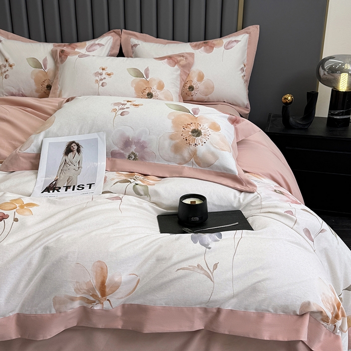 91家纺网 家纺一手货源 找家纺 乐蔻家纺 2025新款全棉拼边陶瓷生态磨毛四件套 花蔓