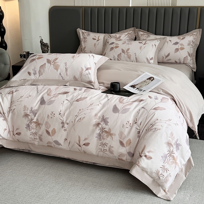 91家纺网 家纺一手货源 找家纺 乐蔻家纺 2025新款全棉拼边陶瓷生态磨毛四件套 浅梦 米驼