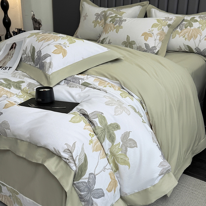 91家纺网 家纺一手货源 找家纺 乐蔻家纺 2025新款全棉拼边陶瓷生态磨毛四件套 叶迹  绿