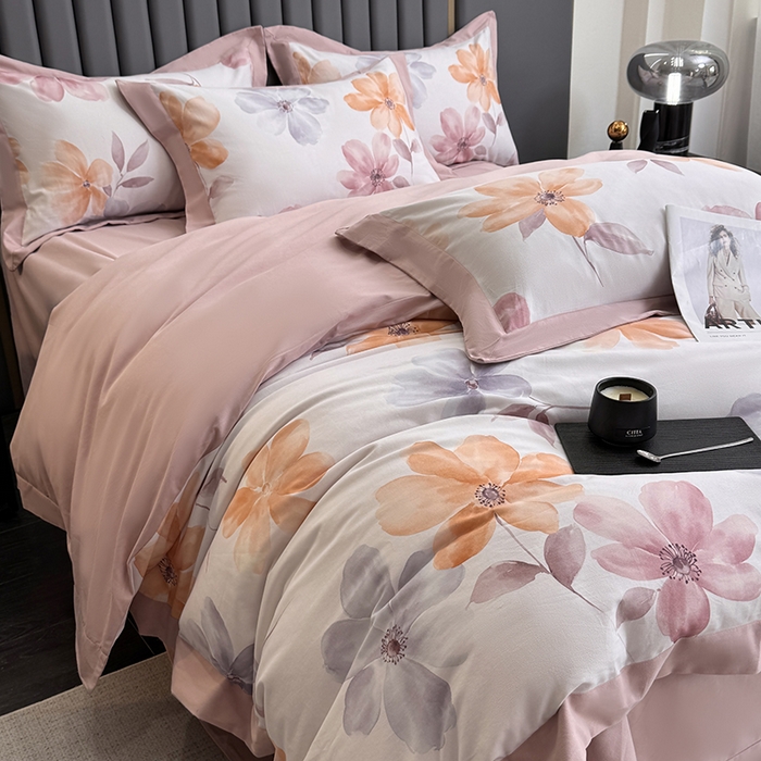 91家纺网 家纺一手货源 找家纺 乐蔻家纺 2025新款全棉拼边陶瓷生态磨毛四件套 花棠 米