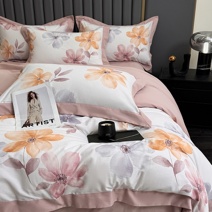 91家纺网 家纺一手货源 找家纺 乐蔻家纺 2025新款全棉拼边陶瓷生态磨毛四件套 花棠 米