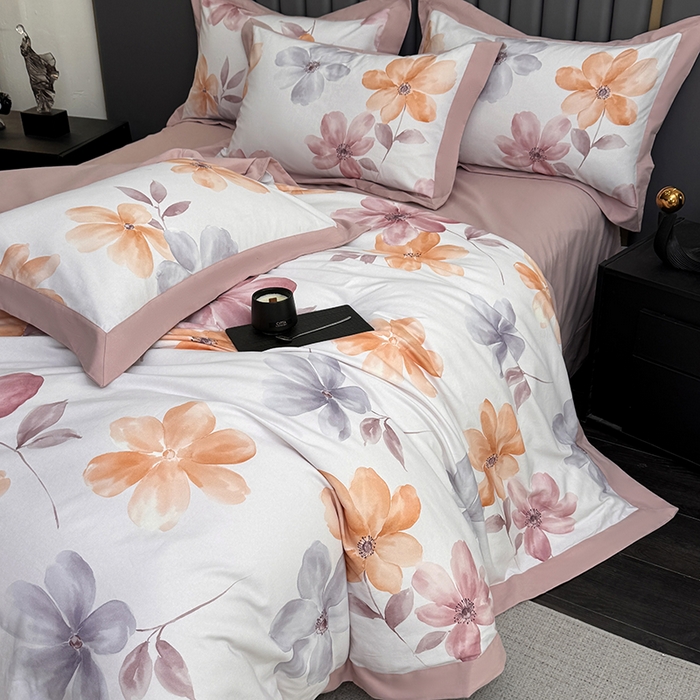 91家纺网 家纺一手货源 找家纺 乐蔻家纺 2025新款全棉拼边陶瓷生态磨毛四件套 花棠 米