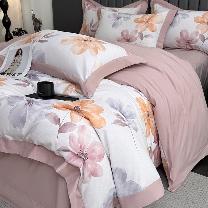 91家纺网 家纺一手货源 找家纺 乐蔻家纺 2025新款全棉拼边陶瓷生态磨毛四件套 花棠 米