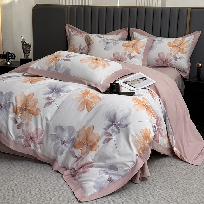 91家纺网 家纺一手货源 找家纺 乐蔻家纺 2025新款全棉拼边陶瓷生态磨毛四件套 花棠 米