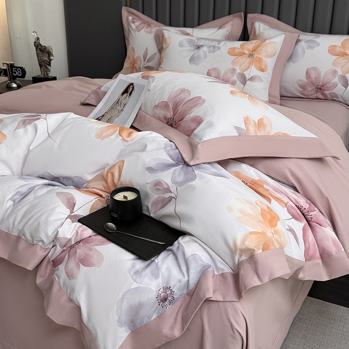 91家纺网 家纺一手货源 找家纺 乐蔻家纺 2025新款全棉拼边陶瓷生态磨毛四件套 花棠 米