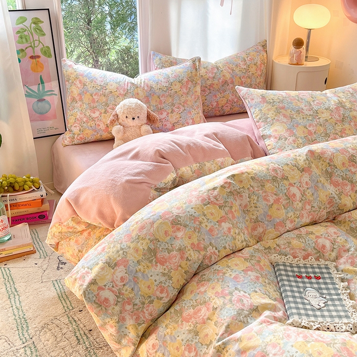 91家纺网 家纺一手货源 找家纺 瑞莱 2025新款秋冬网红款棉加绒四件套 棉绒花海