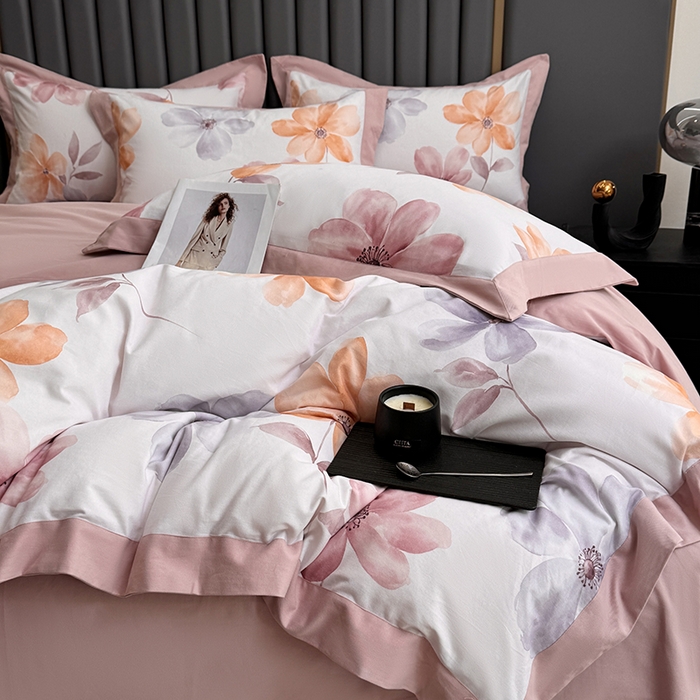 91家纺网 家纺一手货源 找家纺 乐蔻家纺 2025新款全棉拼边陶瓷生态磨毛四件套 花棠 米