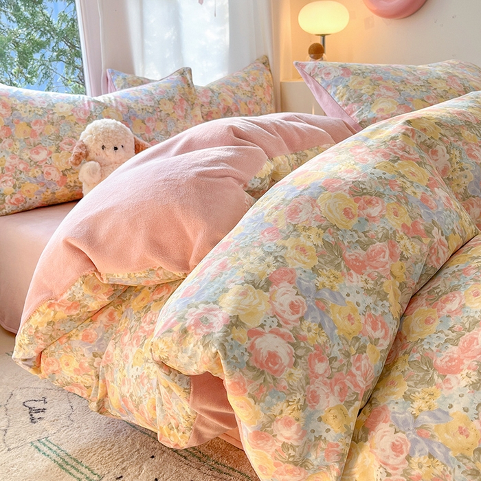 91家纺网 家纺一手货源 找家纺 瑞莱 2025新款秋冬网红款棉加绒四件套 棉绒花海