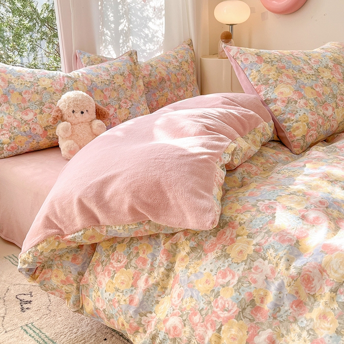 91家纺网 家纺一手货源 找家纺 瑞莱 2025新款秋冬网红款棉加绒四件套 棉绒花海