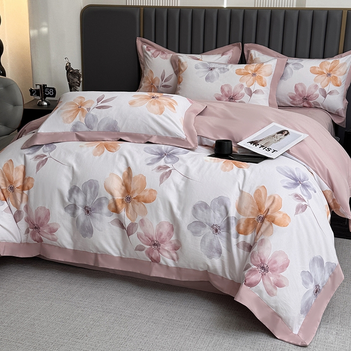 91家纺网 家纺一手货源 找家纺 乐蔻家纺 2025新款全棉拼边陶瓷生态磨毛四件套 花棠 米