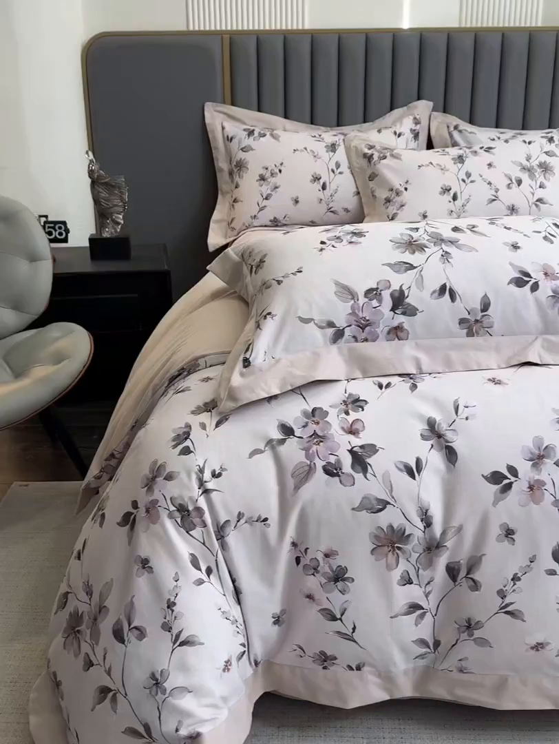 91家纺网 家纺一手货源 找家纺 乐蔻家纺 2025新款全棉拼边陶瓷生态磨毛四件套 花蔓