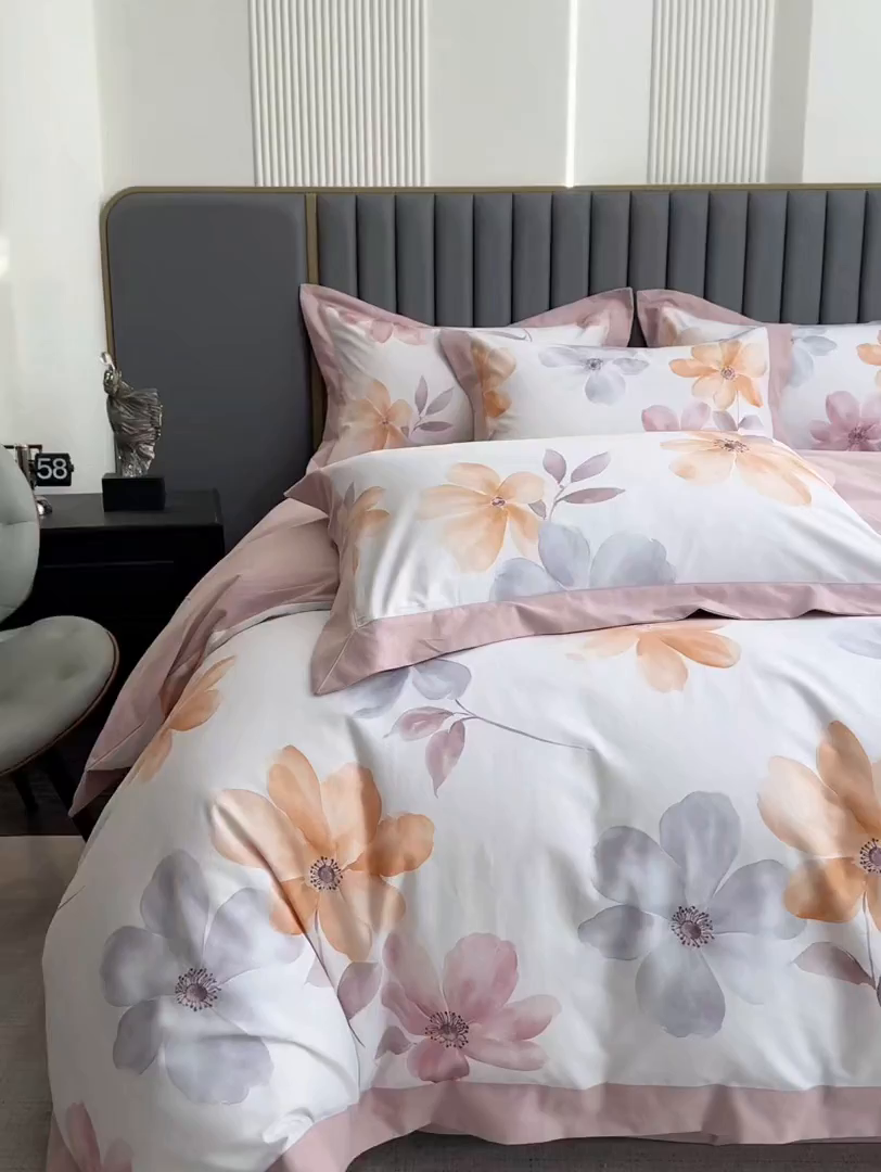 91家纺网 家纺一手货源 找家纺 乐蔻家纺 2025新款全棉拼边陶瓷生态磨毛四件套 花棠 米