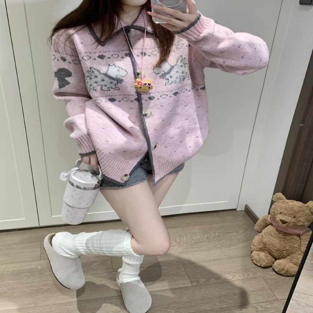 91家纺网 家纺一手货源 找家纺 （总）洛兰沙家居馆 只代发小香风毛衣女春秋慵懒可爱甜美蕾丝V领针织开衫短款外套温柔上衣