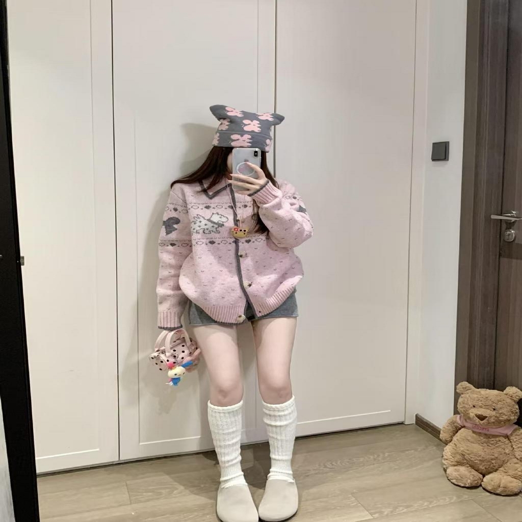 91家纺网 家纺一手货源 找家纺 （总）洛兰沙家居馆 只代发小香风毛衣女春秋慵懒可爱甜美蕾丝V领针织开衫短款外套温柔上衣