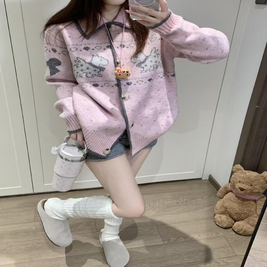 91家纺网 家纺一手货源 找家纺 （总）洛兰沙家居馆 只代发小香风毛衣女春秋慵懒可爱甜美蕾丝V领针织开衫短款外套温柔上衣