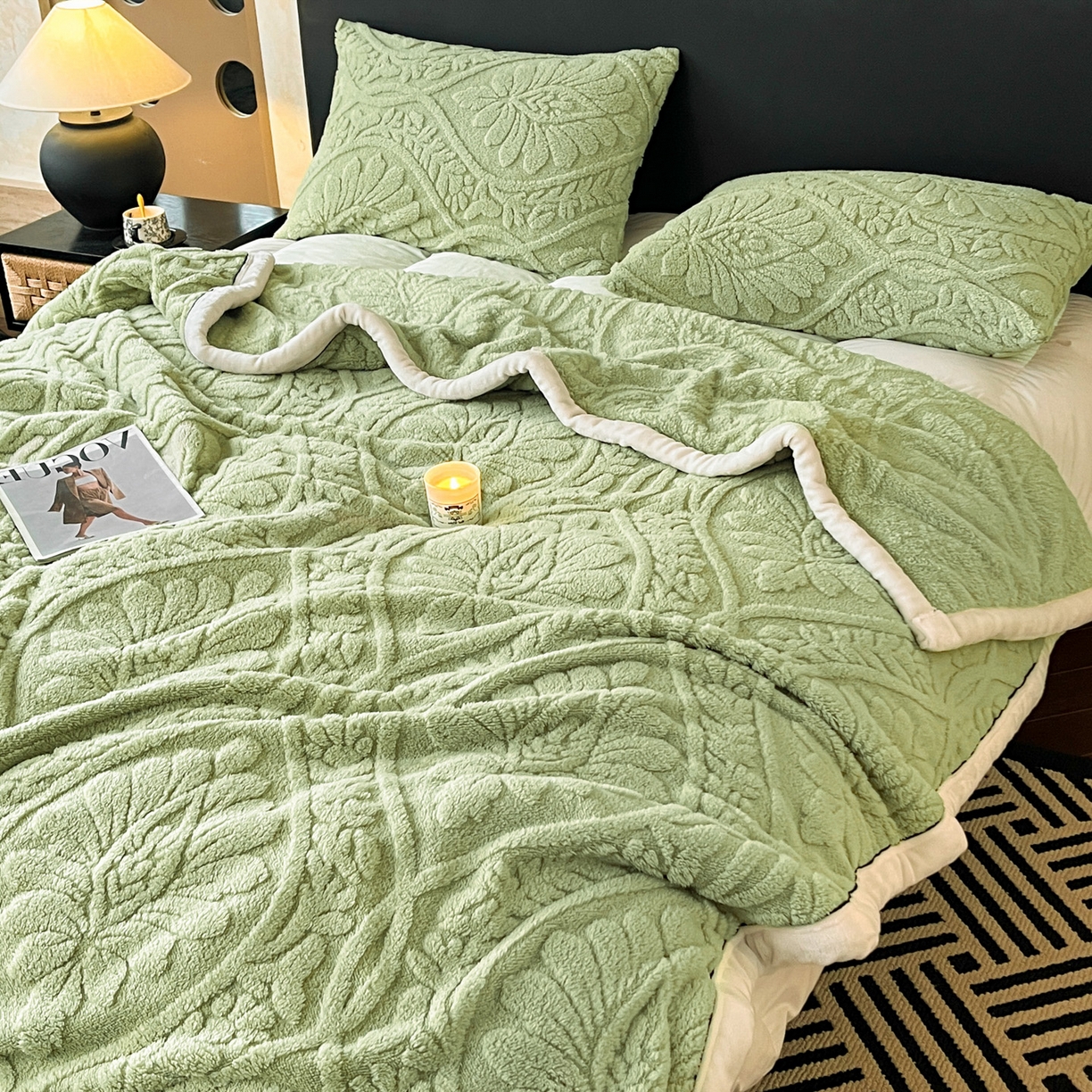 91家纺网 家纺一手货源 找家纺 莱家富 2026新款塔芙绒舒棉绒单层毯-繁花系列（可供跨境外贸抽空压缩爆款首选） 繁花-复古绿