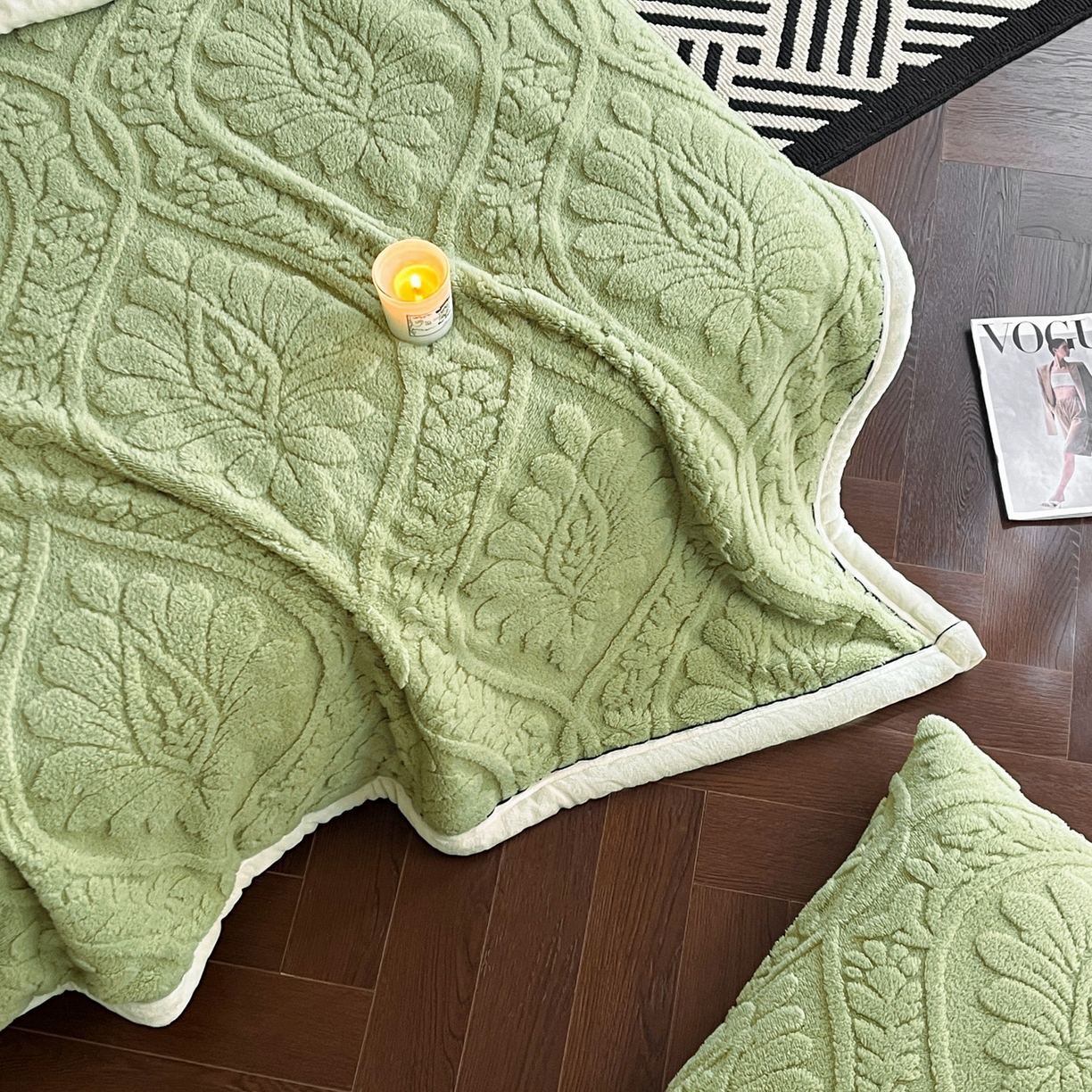 91家纺网 家纺一手货源 找家纺 莱家富 2026新款塔芙绒舒棉绒单层毯-繁花系列（可供跨境外贸抽空压缩爆款首选） 繁花-复古绿