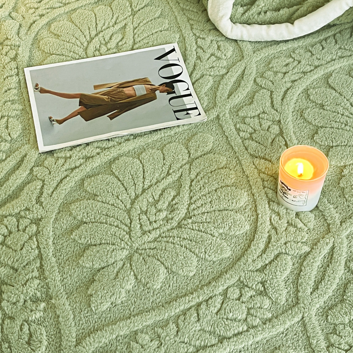 91家纺网 家纺一手货源 找家纺 莱家富 2026新款塔芙绒舒棉绒单层毯-繁花系列（可供跨境外贸抽空压缩爆款首选） 繁花-复古绿