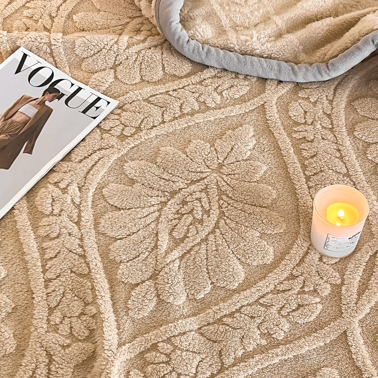 91家纺网 家纺一手货源 找家纺 莱家富 2026新款塔芙绒舒棉绒单层毯-繁花系列（可供跨境外贸抽空压缩爆款首选） 繁花-香槟咖