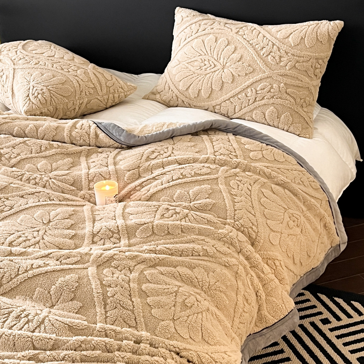 91家纺网 家纺一手货源 找家纺 莱家富 2026新款塔芙绒舒棉绒单层毯-繁花系列（可供跨境外贸抽空压缩爆款首选） 繁花-香槟咖