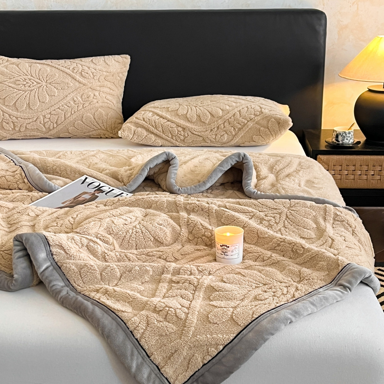 91家纺网 家纺一手货源 找家纺 莱家富 2026新款塔芙绒舒棉绒单层毯-繁花系列（可供跨境外贸抽空压缩爆款首选） 繁花-香槟咖