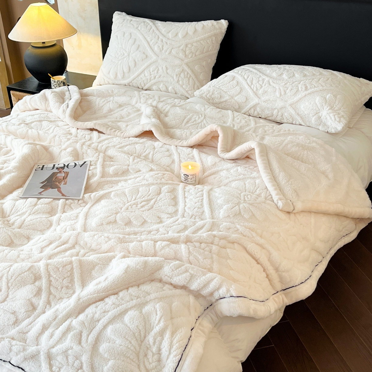 91家纺网 家纺一手货源 找家纺 莱家富 2026新款塔芙绒舒棉绒单层毯-繁花系列（可供跨境外贸抽空压缩爆款首选） 繁花-象牙白