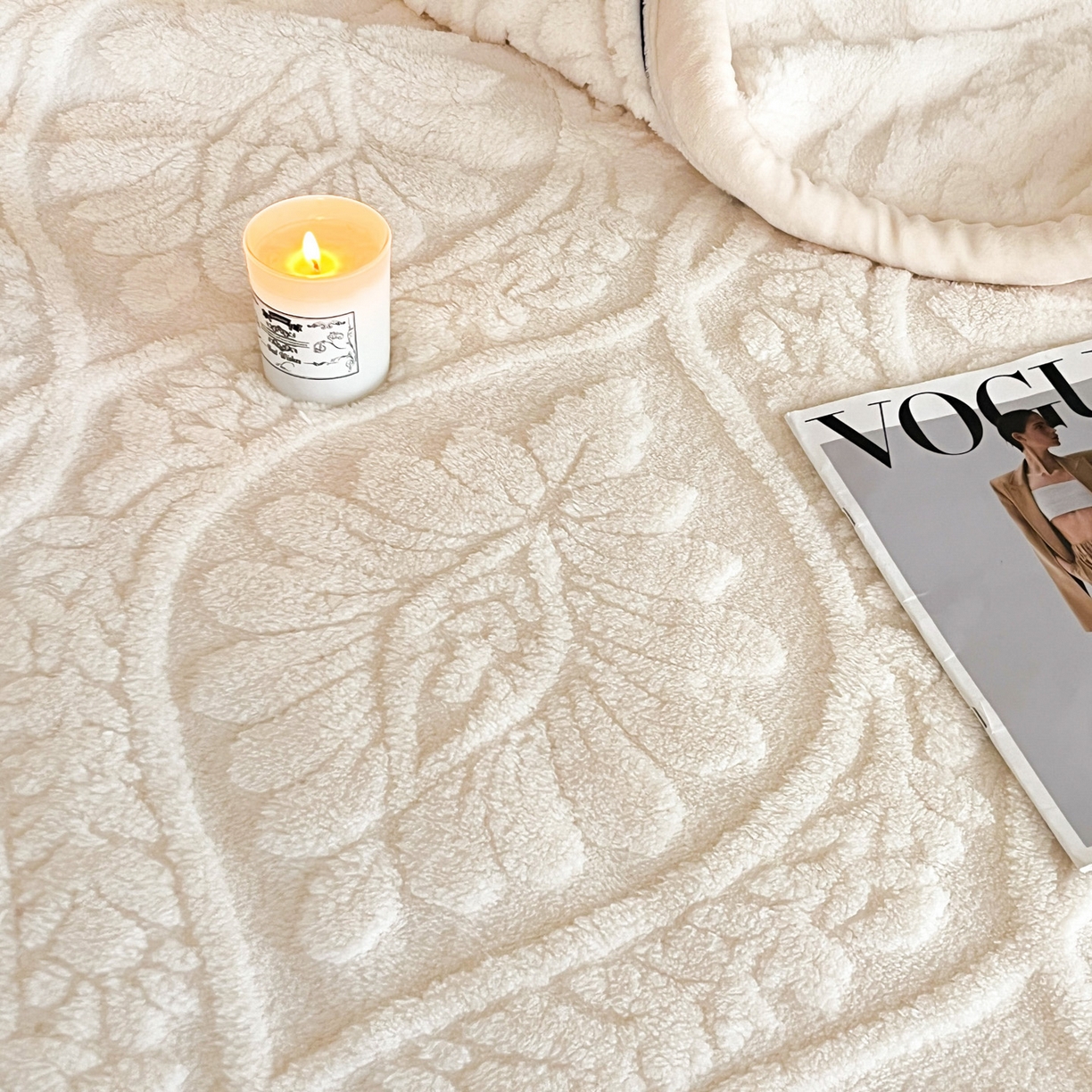 91家纺网 家纺一手货源 找家纺 莱家富 2026新款塔芙绒舒棉绒单层毯-繁花系列（可供跨境外贸抽空压缩爆款首选） 繁花-象牙白