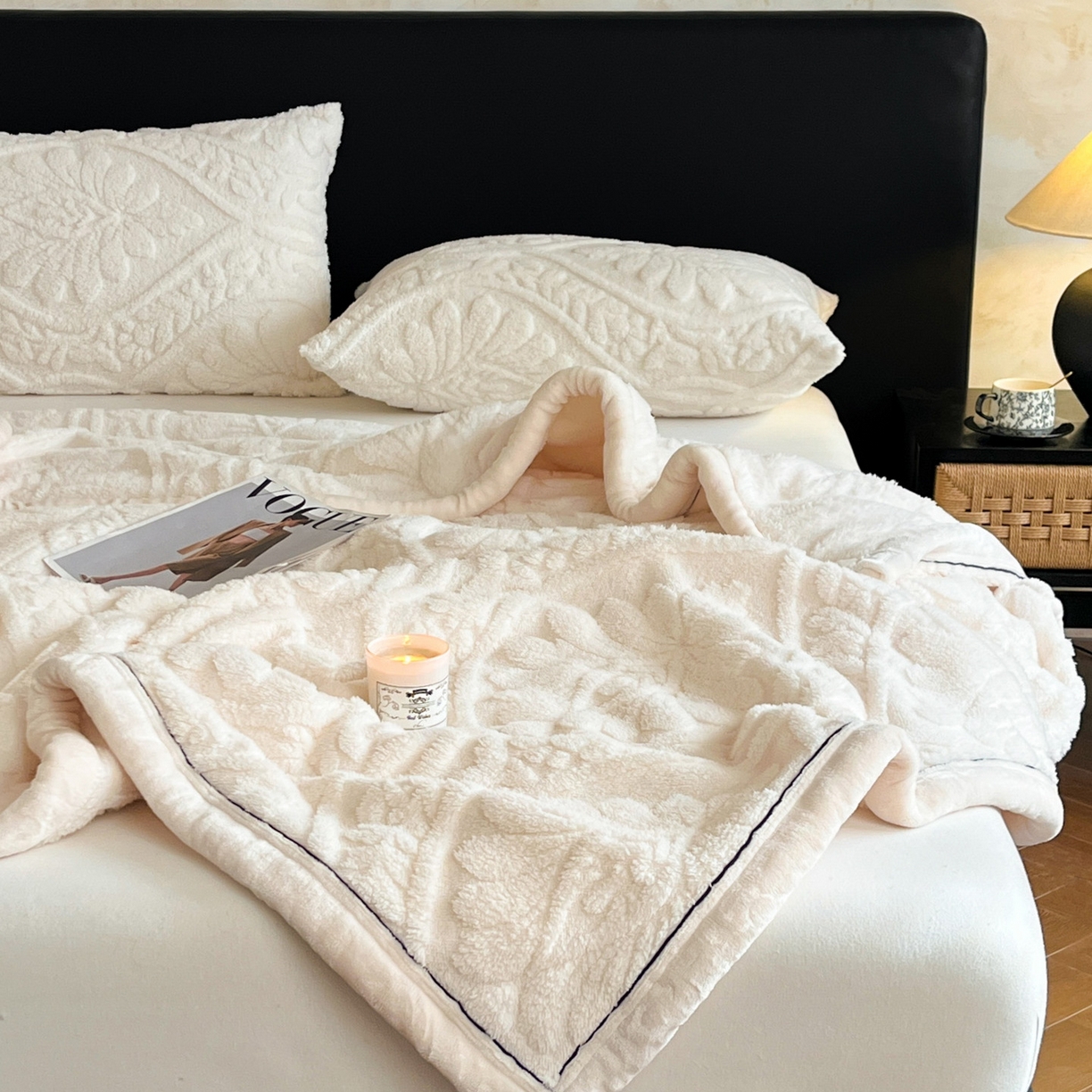 91家纺网 家纺一手货源 找家纺 莱家富 2026新款塔芙绒舒棉绒单层毯-繁花系列（可供跨境外贸抽空压缩爆款首选） 繁花-象牙白