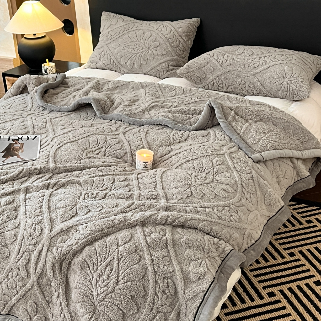 91家纺网 家纺一手货源 找家纺 莱家富 2026新款塔芙绒舒棉绒单层毯-繁花系列（可供跨境外贸抽空压缩爆款首选） 繁花-月影灰