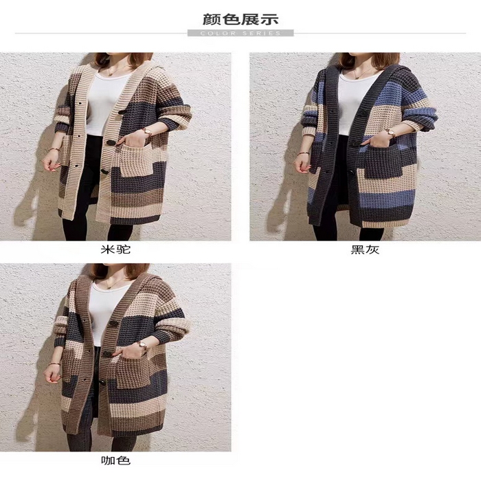 91家纺网 家纺一手货源 找家纺 （总）洛兰沙家居馆 只代发针织开衫女秋季新款慵懒风长款流大格休闲款软糯时尚宽松毛衣女大衣