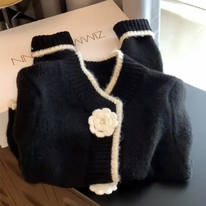 91家纺网 家纺一手货源 找家纺 （总）洛兰沙家居馆 只代发小香风毛衣女春秋慵懒可爱甜美圆领花朵针织开衫短款外套温柔上衣