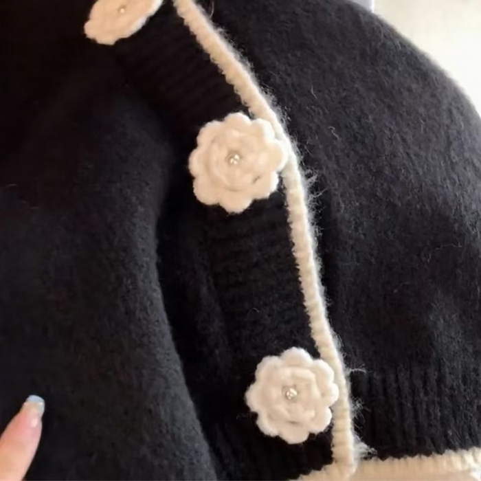 91家纺网 家纺一手货源 找家纺 （总）洛兰沙家居馆 只代发小香风毛衣女春秋慵懒可爱甜美圆领花朵针织开衫短款外套温柔上衣