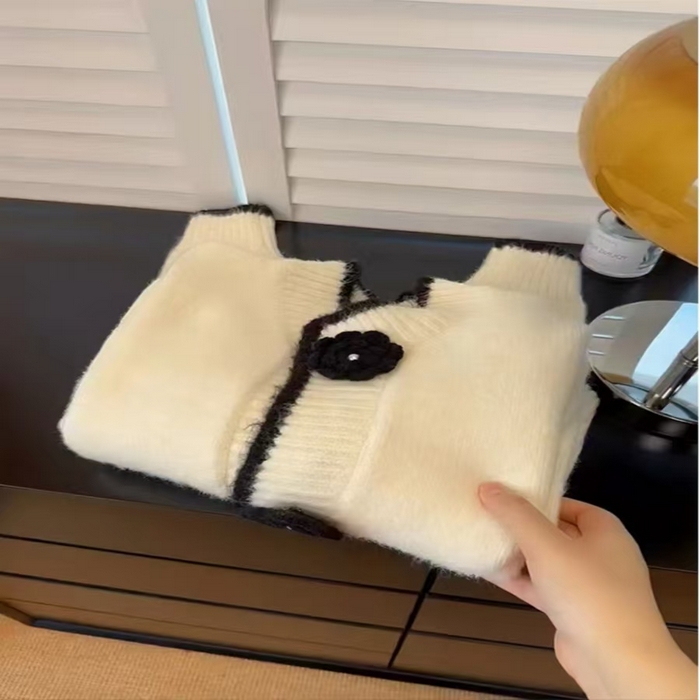 91家纺网 家纺一手货源 找家纺 （总）洛兰沙家居馆 只代发小香风毛衣女春秋慵懒可爱甜美圆领花朵针织开衫短款外套温柔上衣